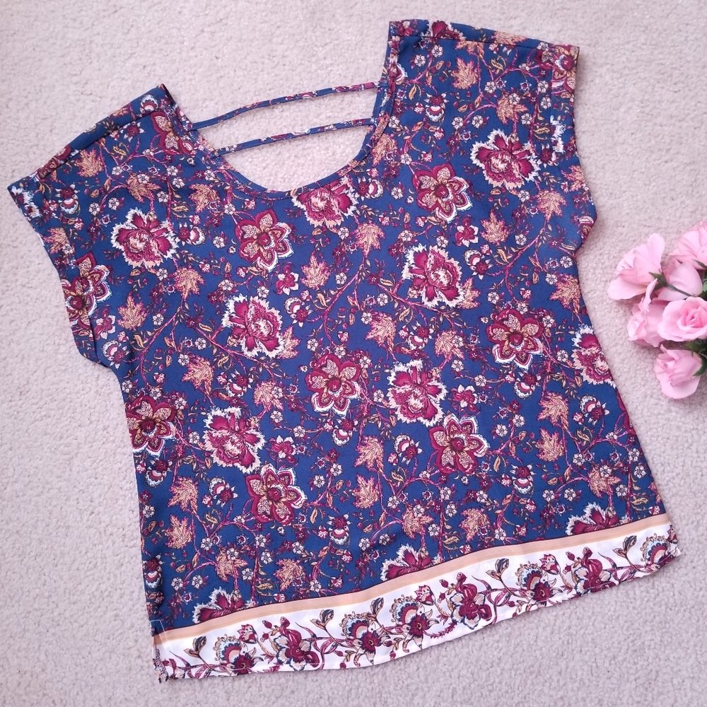 Dark Floral Scoop Neck Teal Green and Brown Short Sleeve Top